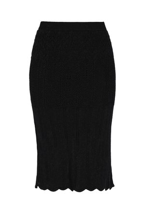 Fekete kötött ceruza szoknya bordázott derékrésszel és fodros szegéllyel, finom, függőleges és halszálka mintás kötésekkel.