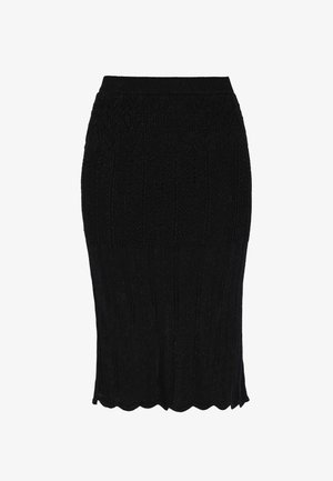 Fekete kötött ceruza szoknya bordázott derékrésszel és fodros szegéllyel, finom, függőleges és halszálka mintás kötésekkel.