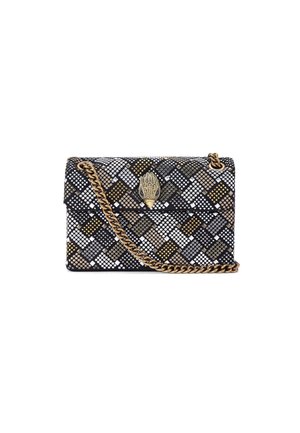 Sac bandoulière noir avec motif à pois dorés, argentés et bronze, et bandoulière en chaîne dorée, présentant un fermoir doré en forme de main au centre avant.