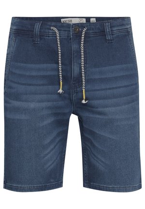 Shorts in denim blu scuro con un motivo sbiadito, dotati di chiusura a bottone e cordino regolabile in bianco e nero con accenti dorati.