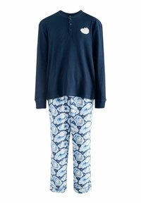 Námornícky modulovaný top s dlhým rukávom, s henley výstrihom a dizajnom oblakov, kombinovaný s modrými vzorovanými nohavicami s kvetinovým motívom a elastickým pásom.