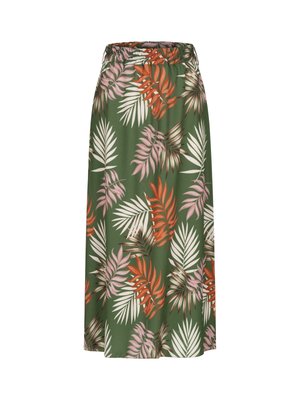 Gonna maxi floreale con elastico in vita. Presenta uno sfondo verde con foglie in contrasto rosa, bianche e arancioni. Tessuto morbido al tatto.