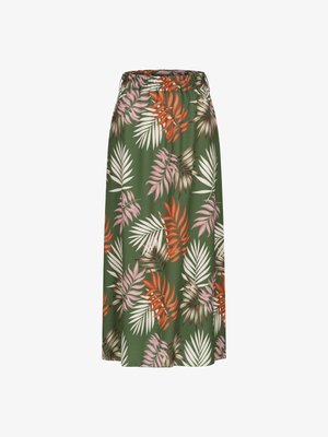 Cvjetna maksi suknja s elastičnom waistbandom. Ima zelenu pozadinu s kontrastnim lišćem u ružičastoj, bijeloj i narančastoj boji. Glatka tekstura tkanine.