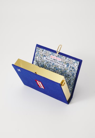Blue fabric clutch with a gold clasp, featuring a floral patterned interior. Includes a label stating "Hand made with love in Italy."
