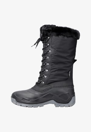 Schwarzer wasserdichter Winterstiefel mit einem Kunstfellbund, Schnürdesign, rutschfester Sohle und gepolstertem Schaft für Isolierung und Komfort.