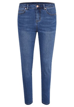 Jeans in denim blu con una vestibilità slim, vita alta, cinque tasche e cuciture in contrasto. Presentano una chiusura con bottone e zip.