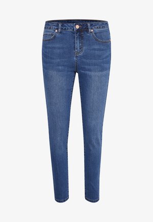 Blå denimjeans med slim fit, høj talje, fem lommer og kontraststing. Har knap- og lynlås-lukning.