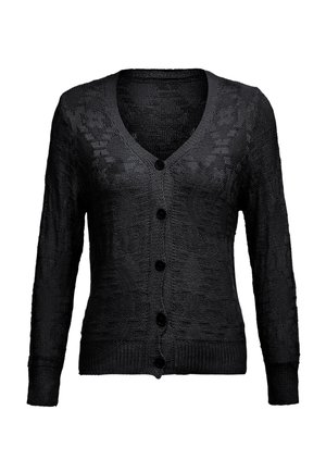 Cardigan negru cu mâneci lungi, decolteu în V, model tricotat texturat și cinci butoane pe față. Mâneci și tiv cu nervuri.