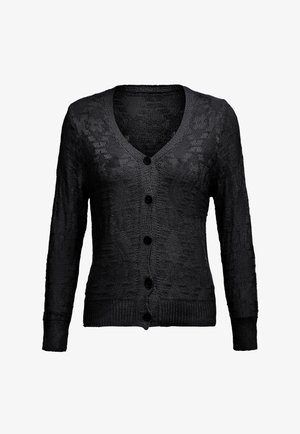 Cardigan negru cu mâneci lungi, decolteu în V, model tricotat texturat și cinci butoane pe față. Mâneci și tiv cu nervuri.