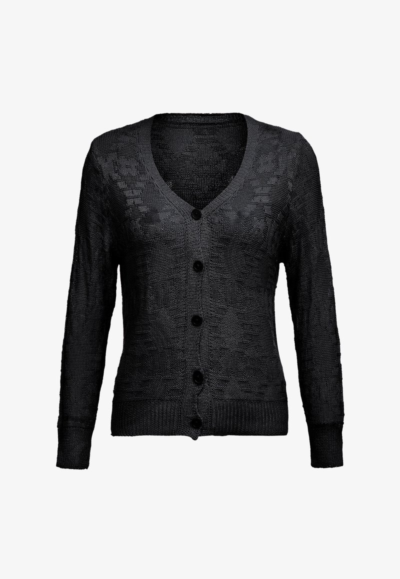 Fekete kardigán hosszú ujjakkal, V-nyakkivágással, textúrált kötött mintával, és öt gombbal az elején. Rúgózott mandzsetták és alsó szegély.