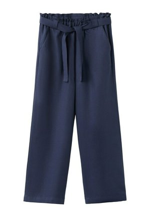 Pantalon large bleu marine avec taille élastique et ceinture assortie en tissu nouée à l'avant, doté de poches latérales.