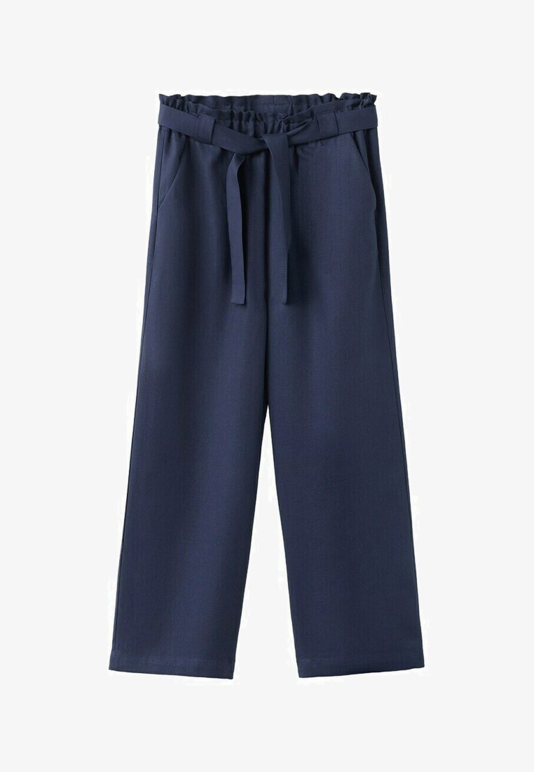 Pantaloni a gamba larga blu navy con vita elastica e cintura in tessuto coordinato annodata sul davanti, dotati di tasche laterali.