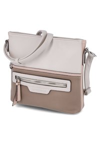 Borsa a tracolla in rosa chiaro, beige e crema. Pelle sintetica liscia con una tasca frontale con zip e una tracolla regolabile. Dettaglio del logo sul fronte.