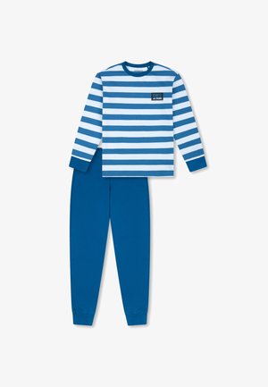 Camicia a maniche lunghe a righe blu e bianche con colletto a girocollo, abbinata a pantaloni blu solidi, realizzati in morbido cotone. Presenta una tasca sul petto.