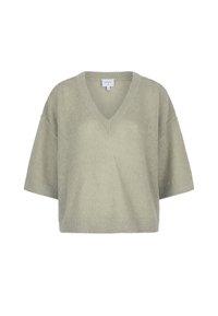 Overmaat, lichtgroene gebreide trui met een V-hals, korte mouwen en geribbelde zoom. Zachte textuur, casual snit, geschikt voor laagjes.