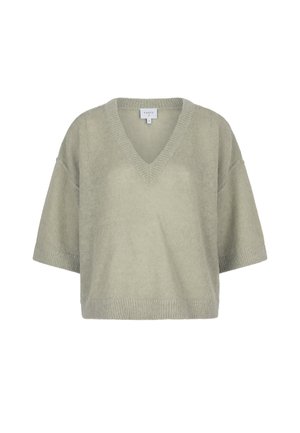 Overmaat, lichtgroene gebreide trui met een V-hals, korte mouwen en geribbelde zoom. Zachte textuur, casual snit, geschikt voor laagjes.