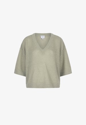 Overmaat, lichtgroene gebreide trui met een V-hals, korte mouwen en geribbelde zoom. Zachte textuur, casual snit, geschikt voor laagjes.