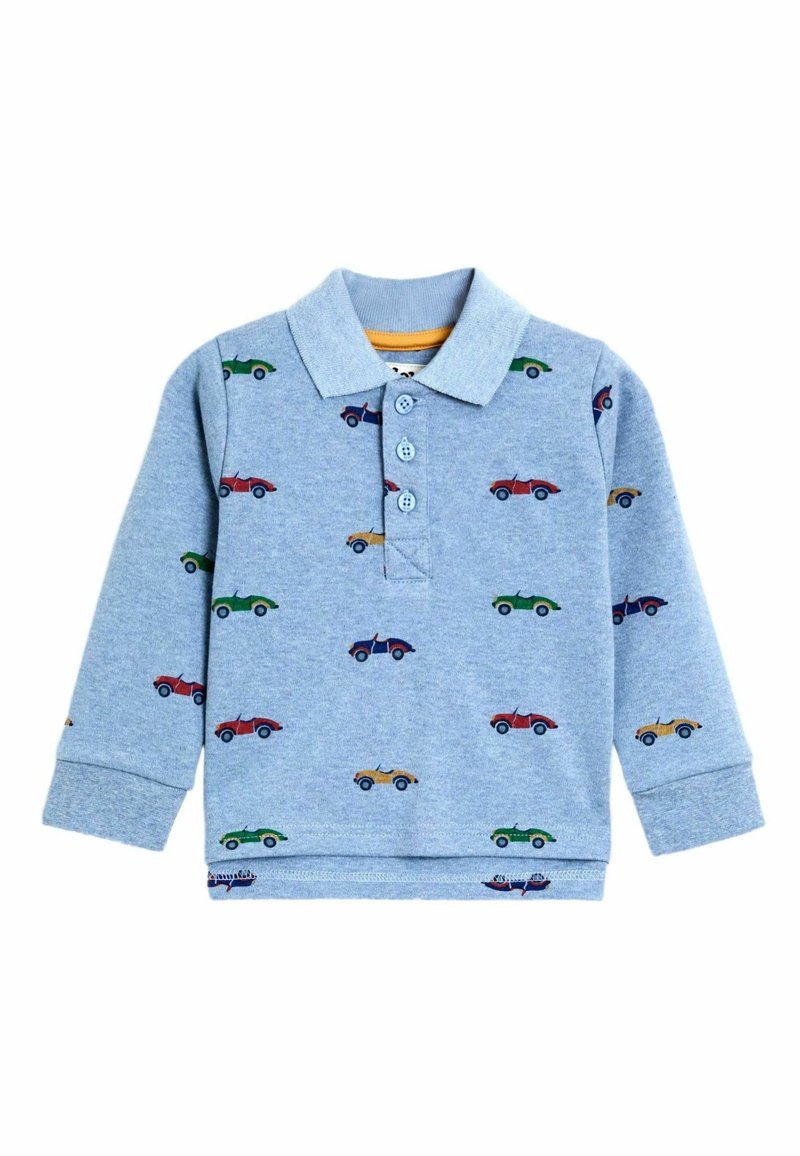 Himmelblaues Langarm-Poloshirt mit Kragen, das farbenfrohe Auto-Drucke über das gesamte Shirt verteilt hat, mit Knopfverschluss und gerippten Bündchen.