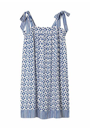 Blue and white dress featuring a floral pattern with square neckline, pleats, and striped ties on shoulder straps.