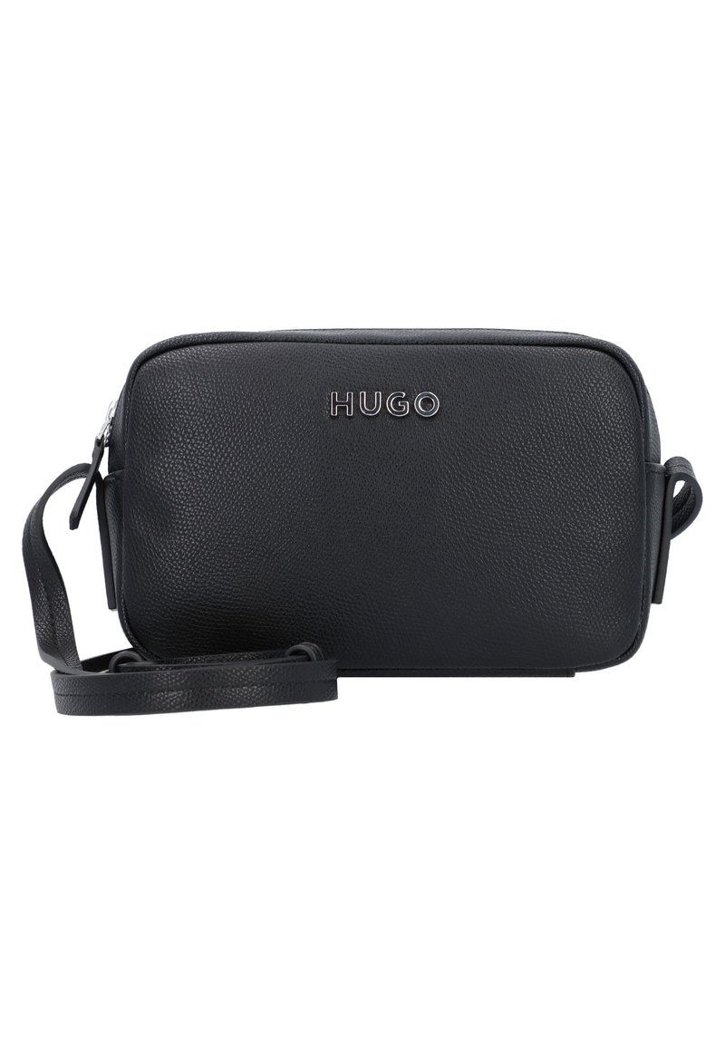 Black leather crossbody bag with a textured finish, featuring a zip closure, adjustable strap, and silver "HUGO" logo on the front.