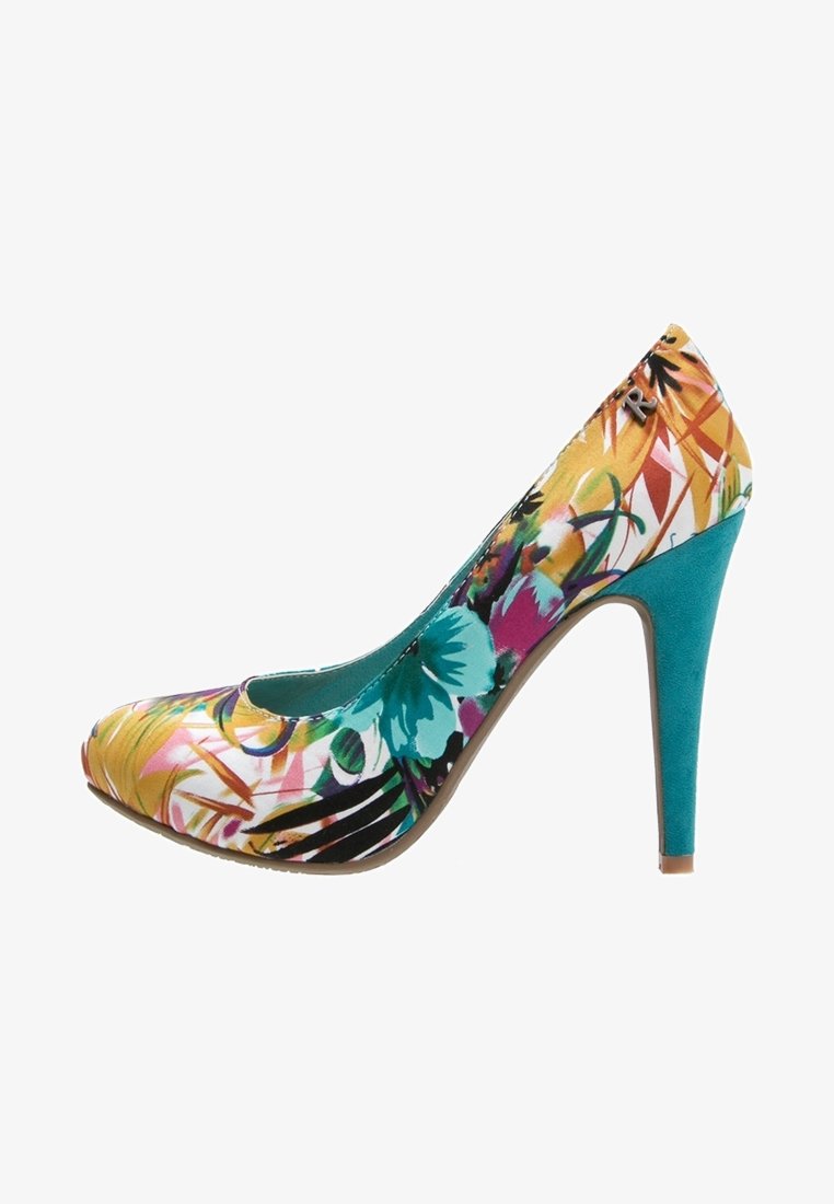 Escarpin à talon haut avec talon turquoise et motif floral multicolore sur la tige, présentant des tons jaunes, roses et verts.