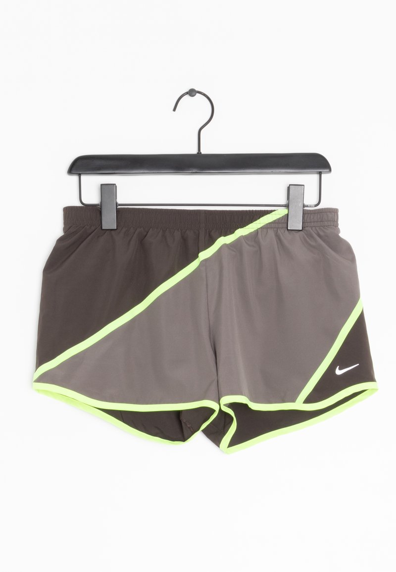 Nylonidrottsshorts i mörkbrun färg med neongröna accenter och sömmar. Har resårmidja och en liten vit Nike-logotyp.