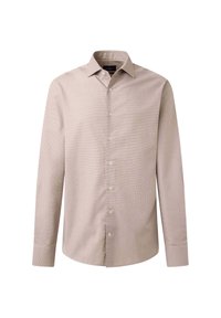 Chemise beige clair à manches longues avec un motif à carreaux, col standard, fermeture à boutons sur le devant et poignets. Le tissu semble lisse et respirant.