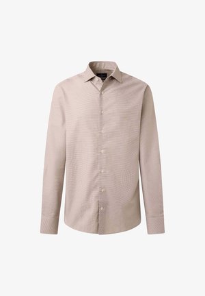 Camicia beige chiaro a maniche lunghe con motivo a quadretti, colletto standard, chiusura a bottoni davanti e polsini. Il tessuto appare liscio e traspirante.