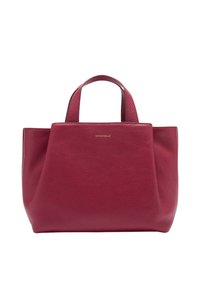 Borsa a tracolla in pelle rossa con texture, manici corti, forma rettangolare e discreto dettaglio del logo sulla parte anteriore. Interno liscio.