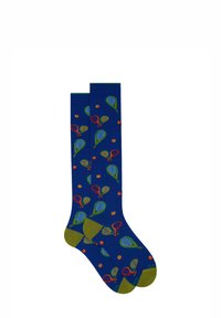 Knee-length socks in deep blue with green, red, and orange tennis racket and ball patterns; reinforced toe and heel in olive green.