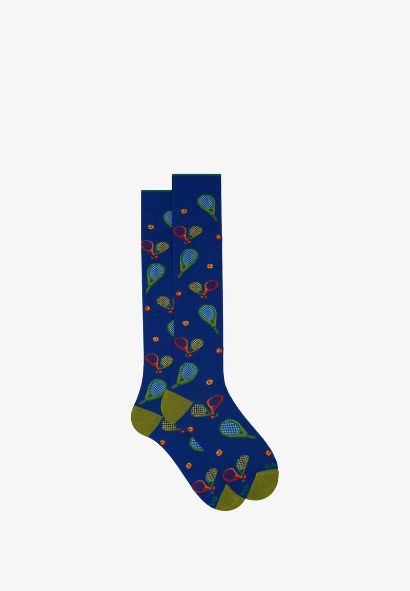 Knee-length socks in deep blue with green, red, and orange tennis racket and ball patterns; reinforced toe and heel in olive green.