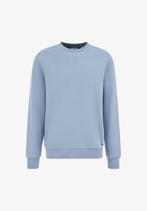 Svijetloplava dugoresna majica s crewneck izrezom, s rebrastim manžetama i donjim rubom, prikazana na bijeloj pozadini.