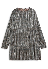 Bedrucktes Langarmkleid mit rundem Ausschnitt, gerafftem Oberteil und gestuften Rock in blauen, braunen und cremefarbenen abstrakten Mustern.