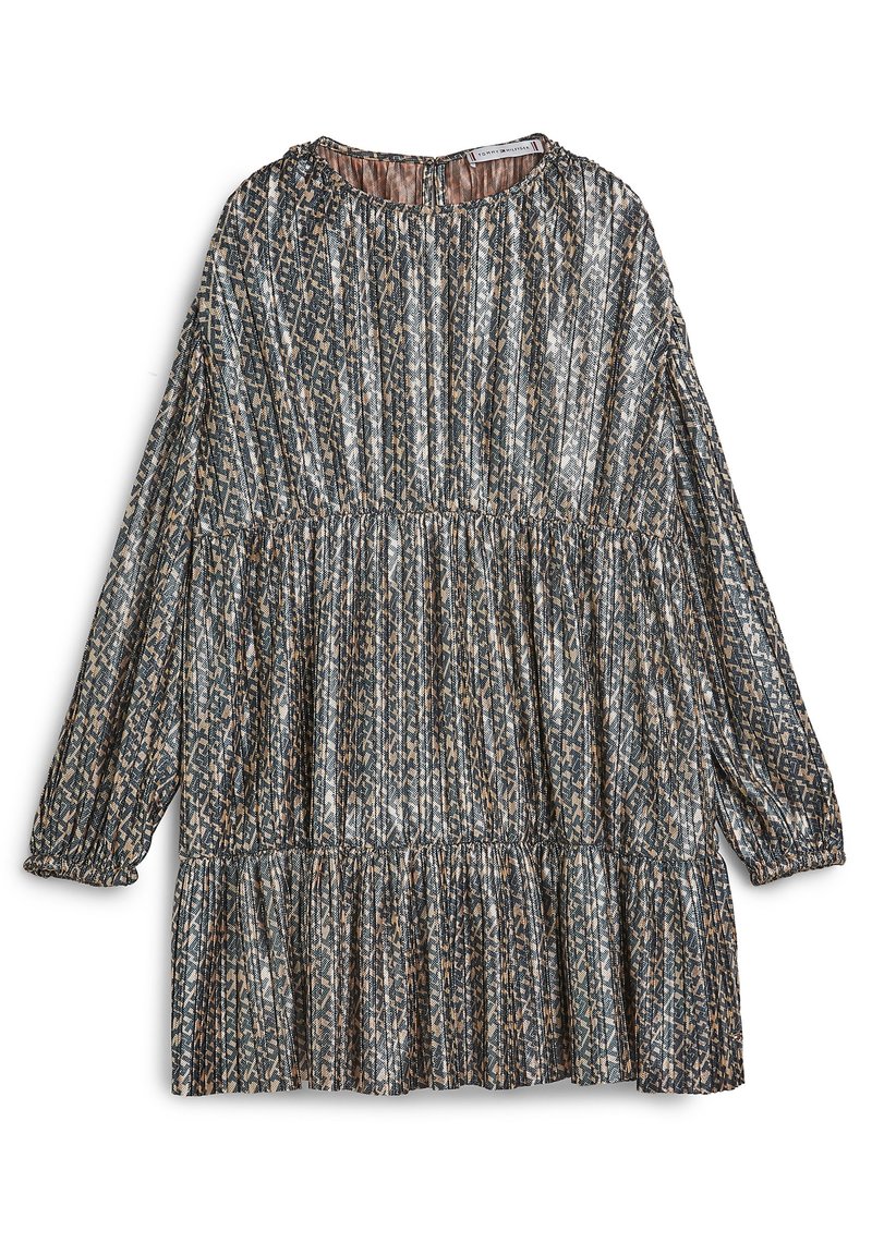 Bedrucktes Langarmkleid mit rundem Ausschnitt, gerafftem Oberteil und gestuften Rock in blauen, braunen und cremefarbenen abstrakten Mustern.