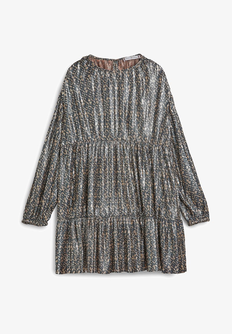 Bedrucktes Langarmkleid mit rundem Ausschnitt, gerafftem Oberteil und gestuften Rock in blauen, braunen und cremefarbenen abstrakten Mustern.