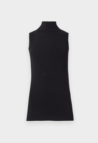 Haut sans manches noir en col roulé, fabriqué à partir d'un tissu lisse. Design ajusté avec un col haut et un ourlet droit, minimaliste et de couleur unie.