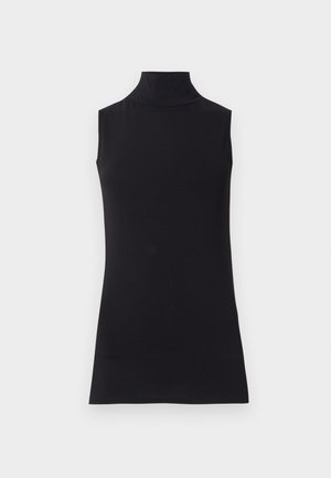 Black sleeveless turtleneck top, made from smooth fabric. Fitted design with a high neck and a straight hem, minimalistic and solid color.