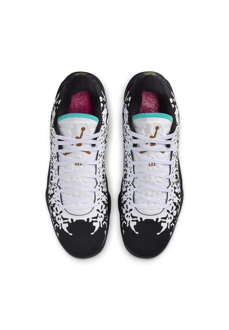 Zapatos deportivos negros con un patrón abstracto en blanco, presentando un acento en turquesa, plantilla en rosa y cordones blancos.
