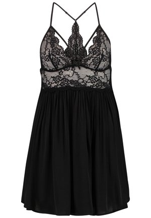 Schwarzes Kleid mit einem Spitzenoberteil mit Blumenmustern, verstellbaren Spaghettiträgern und einem fließenden Rock. Weicher Stofftextur durchgehend.