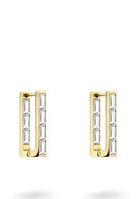 Goldene Ohrringe mit rechteckigen klaren Steinen, die in einem vertikalen Linienmuster eingefasst sind, und zeigen ein poliertes Metall-Finish sowie klare geometrische Linien.