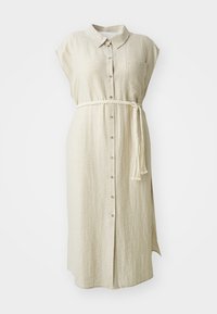 Vestido de linho bege com colarinho, botões frontais, mangas curtas e um cinto trançado branco com franjas na cintura.