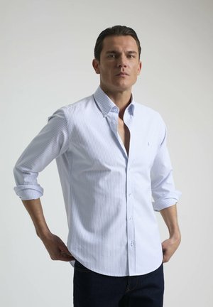 Camisa abotonada con rayas verticales en azul claro y blanco, fabricada en algodón, con mangas largas remangadas y un diseño de cuello clásico.