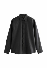 Black long-sleeve shirt with a textured pattern, classic collar, and front buttons. Made from smooth fabric with a subtle sheen.