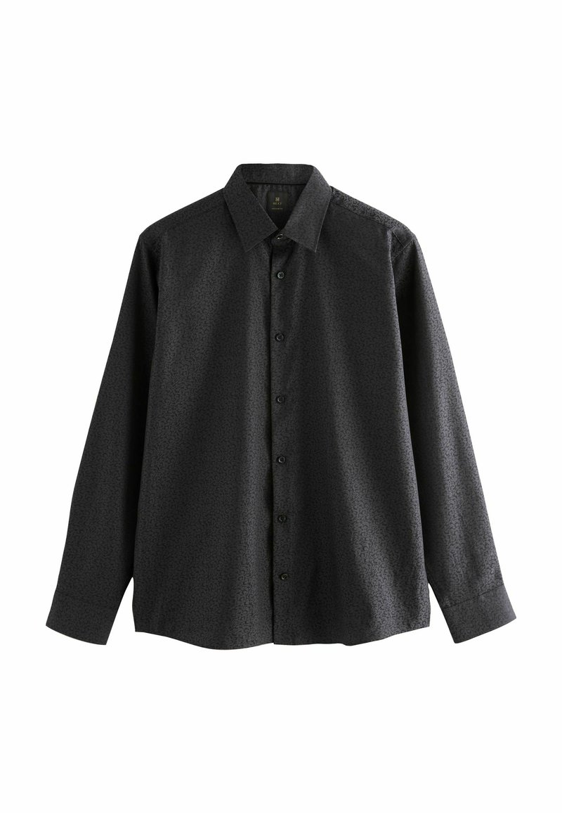 Black long-sleeve shirt with a textured pattern, classic collar, and front buttons. Made from smooth fabric with a subtle sheen.
