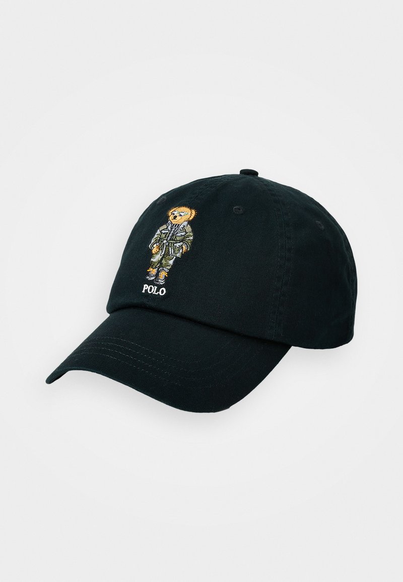 Black cotton baseball cap featuring an embroidered teddy bear in a space suit, with "POLO" text above the bear. Curved brim, six panels.