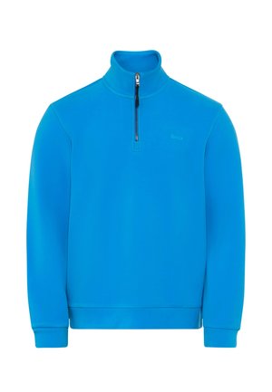 Blå fleecepullover med kvart-zip krave. Har en tætsiddende pasform, lange ærmer og et lille logo på brystet. Glat tekstur.