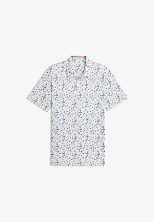 Weißes kurzärmeliges Poloshirt mit blauem maritimem Druck von Leuchttürmen, Schiffen, Ankern und Kompassen.