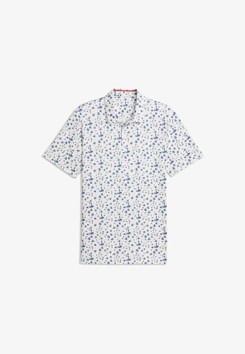 Polo blanc à manches courtes avec un imprimé bleu sur le thème nautique comprenant des phares, des bateaux, des ancres et des compas.