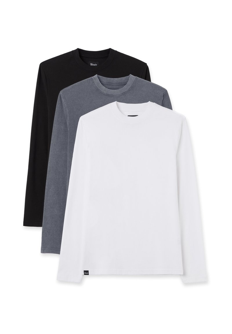 Set aus drei Langarm-T-Shirts in Schwarz, Dunkelgrau und Weiß. Baumwollstoff mit Rundhalsausschnitten und schlichten, einfarbigen Designs.