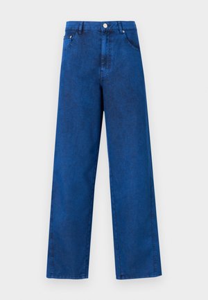 Blue denim wide-leg pants with a high waist, featuring stitching details, front pockets, and a metal button closure.